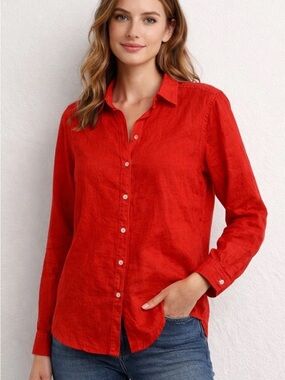JNY Jones New York 100% Linen Button-up w/Roll-tab Sleeve in Red Size Small